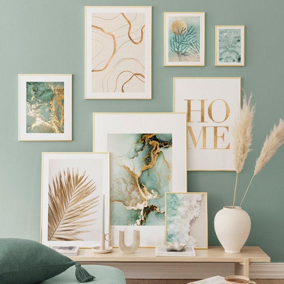 Poster Strand Wellen Zuhause Gold · Wandbilder Wohnzimmer & Schlafzimmer · Deko Print Bilder · ohne Rahmen