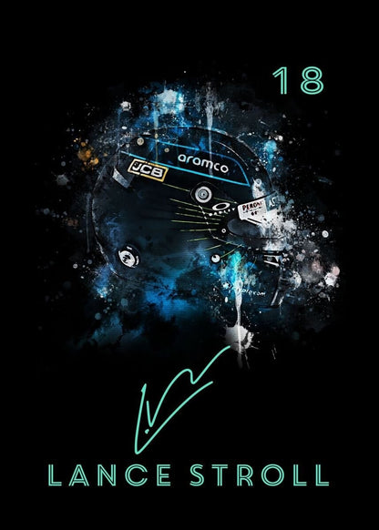 Poster Formel 1 Helm Aquarell Rennfahrer Name Unterschrift Rennnummer · Deko Print ohne Rahmen