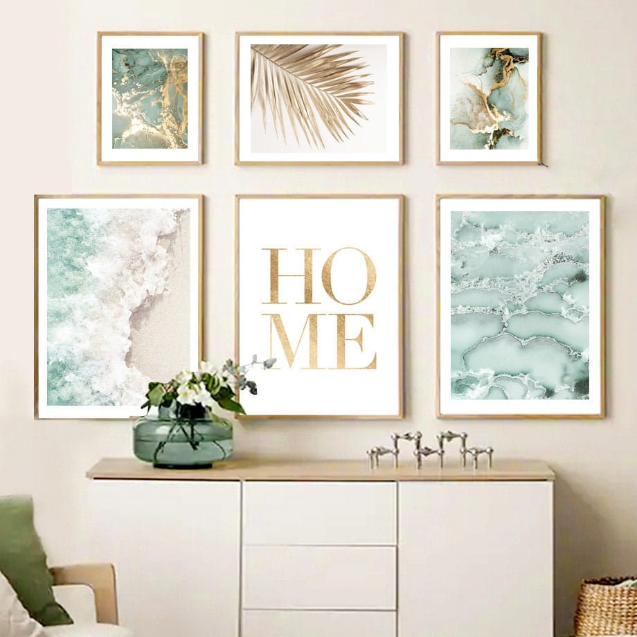 Poster Strand Wellen Zuhause Gold · Wandbilder Wohnzimmer & Schlafzimmer ·  Deko Print Bilder · ohne Rahmen